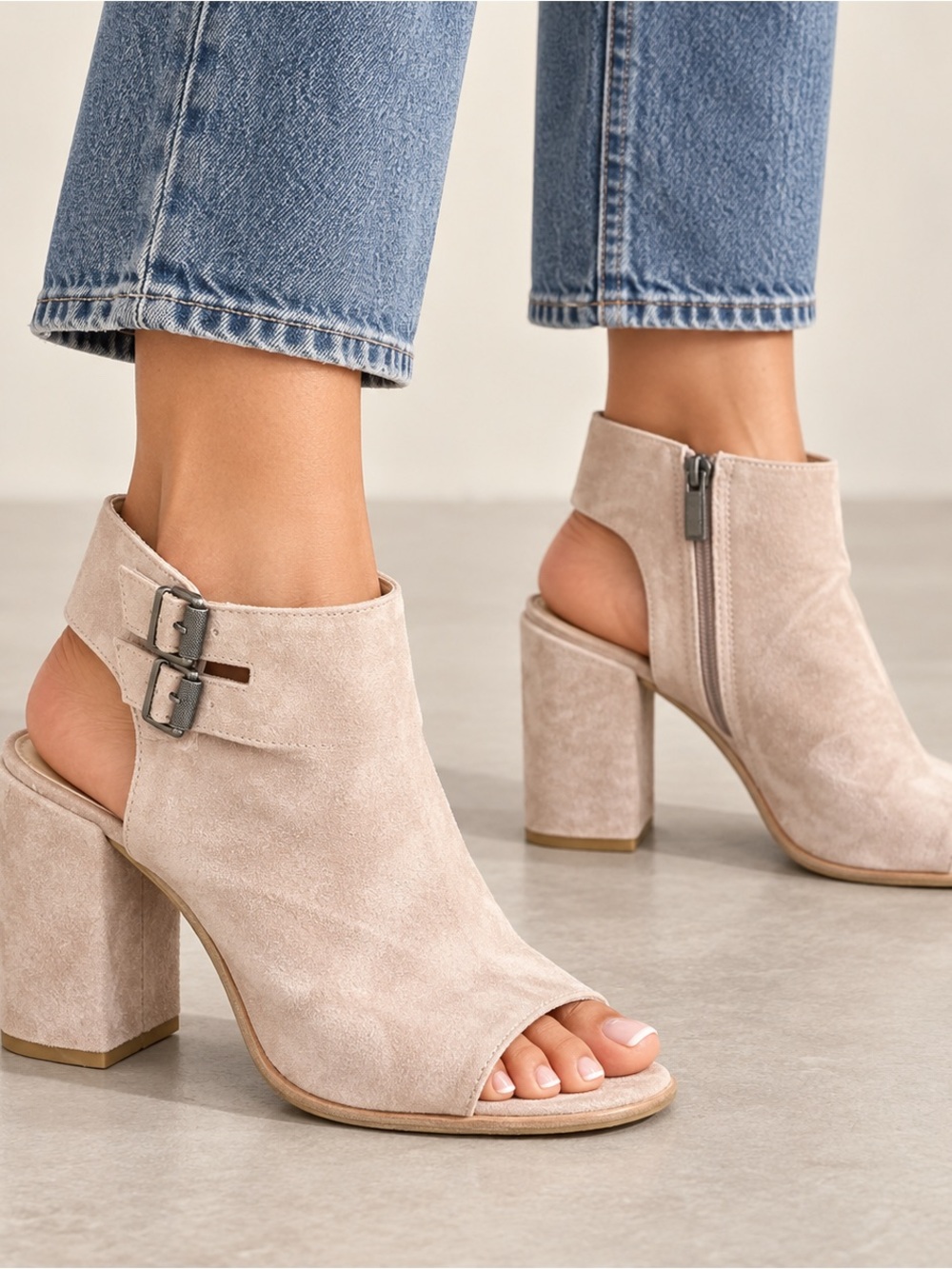 Suede Open-Toe Block Heel Sandals - Beige